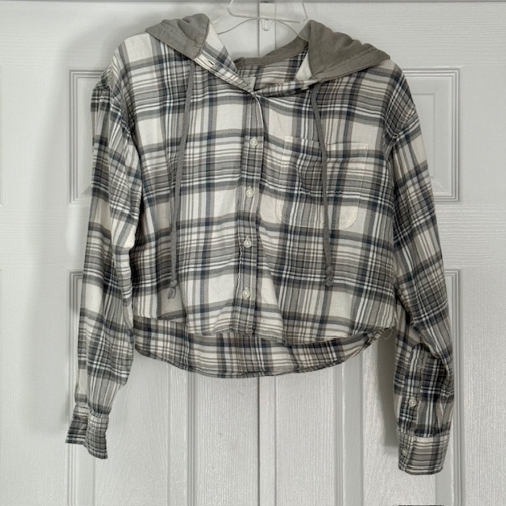 American Eagle Cropped Gray & White Flannel Hoodie